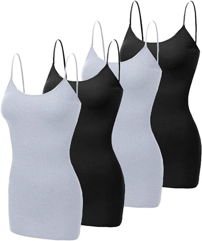 4 Pack Basic Long Camisole for Women Cami Tank Tops with Adjustable Spaghetti Strap (S-3XL) Black/Black/Heather Grey/Heather Grey / Large
