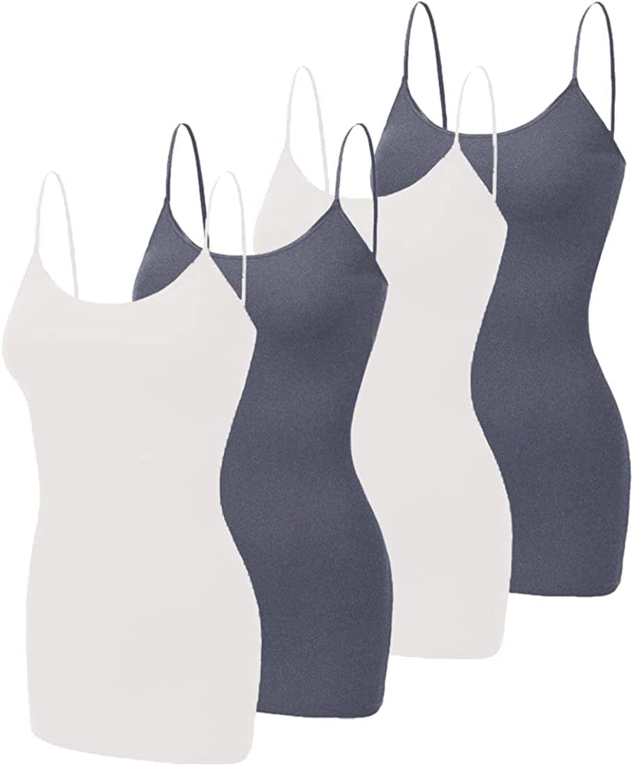 4 Pack Basic Long Camisole for Women Cami Tank Tops with Adjustable Spaghetti Strap (S-3XL) White/White/Charcoal/Charcoal / Large