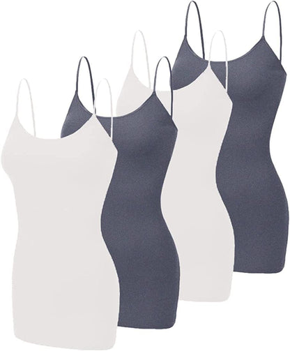 4 Pack Basic Long Camisole for Women Cami Tank Tops with Adjustable Spaghetti Strap (S-3XL) White/White/Charcoal/Charcoal / Large