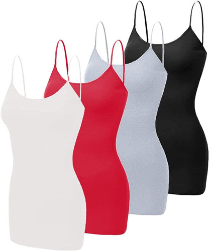 4 Pack Basic Long Camisole for Women Cami Tank Tops with Adjustable Spaghetti Strap (S-3XL) Black/White/Heather Grey/Red / Large