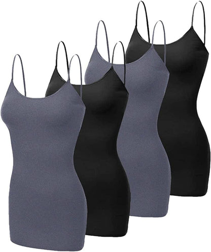4 Pack Basic Long Camisole for Women Cami Tank Tops with Adjustable Spaghetti Strap (S-3XL) Black/Black/Charcoal/Charcoal / Large