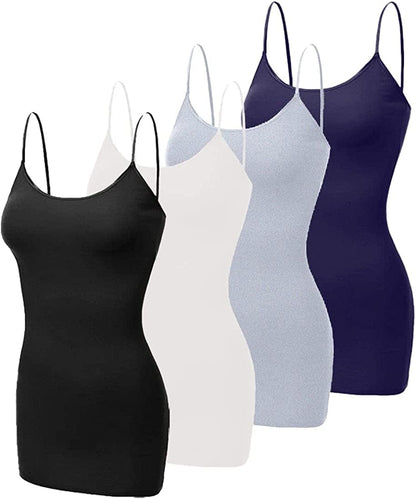 4 Pack Basic Long Camisole for Women Cami Tank Tops with Adjustable Spaghetti Strap (S-3XL) Black/White/H.grey/Navy / Large