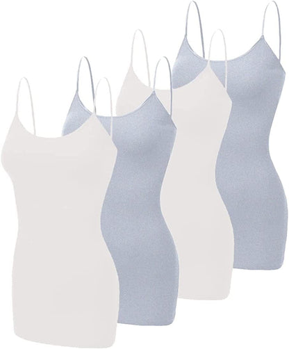 4 Pack Basic Long Camisole for Women Cami Tank Tops with Adjustable Spaghetti Strap (S-3XL) White/White/Heather Grey/Heather Grey / Large