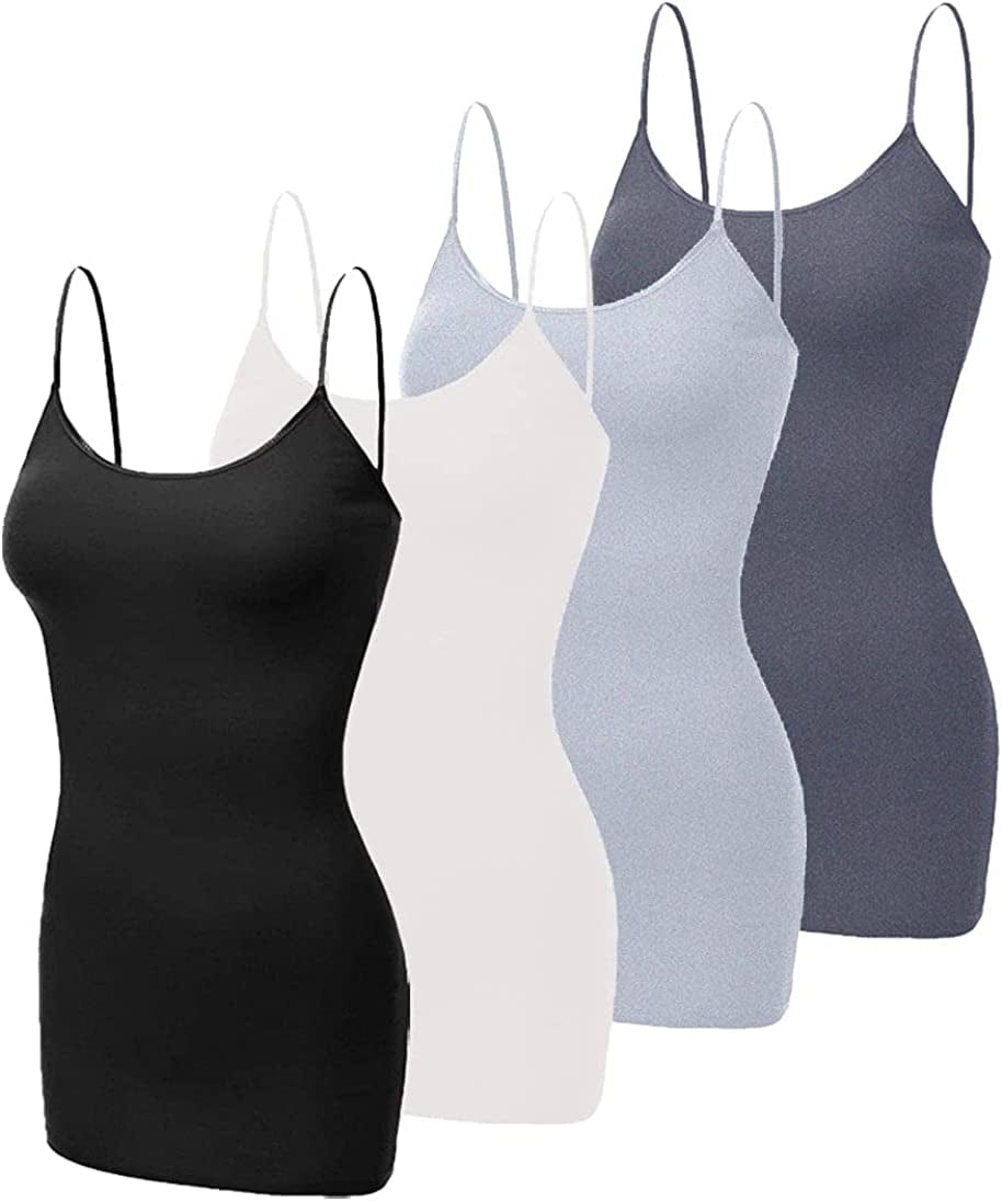 4 Pack Basic Long Camisole for Women Cami Tank Tops with Adjustable Spaghetti Strap (S-3XL) Black/White/H.grey/Charcoal / Large