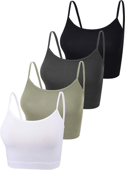 4 Pack Cropped Tank Tops for Women, Spaghetti Strap Crop Top Basic Sports Crop Cami Half Camisoles for Teen Girls Black, White, Dark Grey, Olive / Large