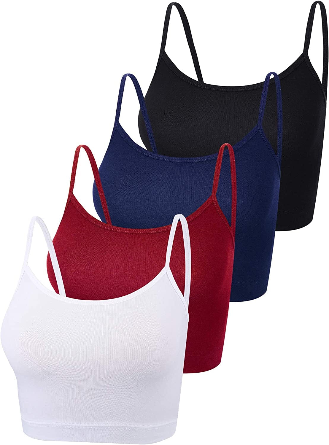 4 Pack Cropped Tank Tops for Women, Spaghetti Strap Crop Top Basic Sports Crop Cami Half Camisoles for Teen Girls Black, White, Wine Red, Navy / Large