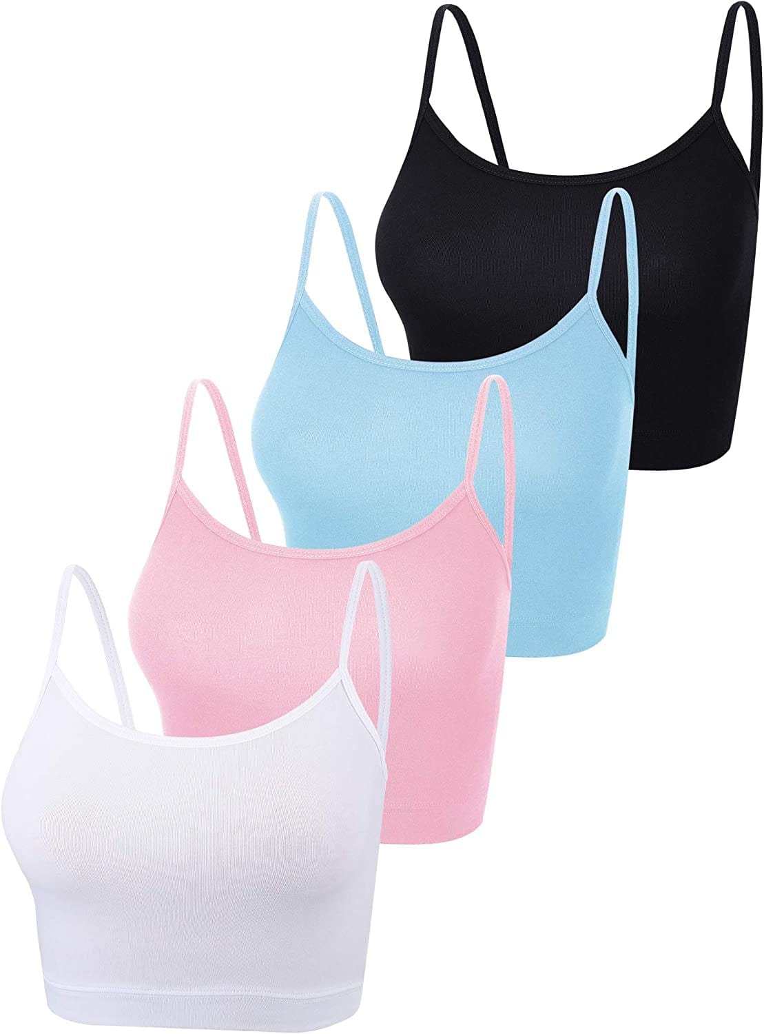4 Pack Cropped Tank Tops for Women, Spaghetti Strap Crop Top Basic Sports Crop Cami Half Camisoles for Teen Girls Black, Blue, Pink, White / Large