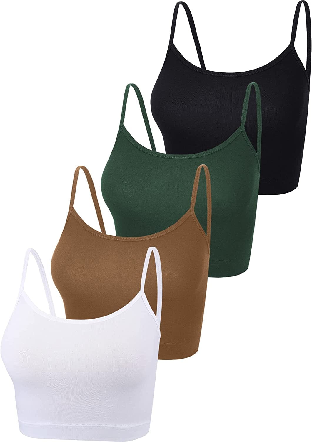 4 Pack Cropped Tank Tops for Women, Spaghetti Strap Crop Top Basic Sports Crop Cami Half Camisoles for Teen Girls Blackish Green, Black, Chocolate / Large