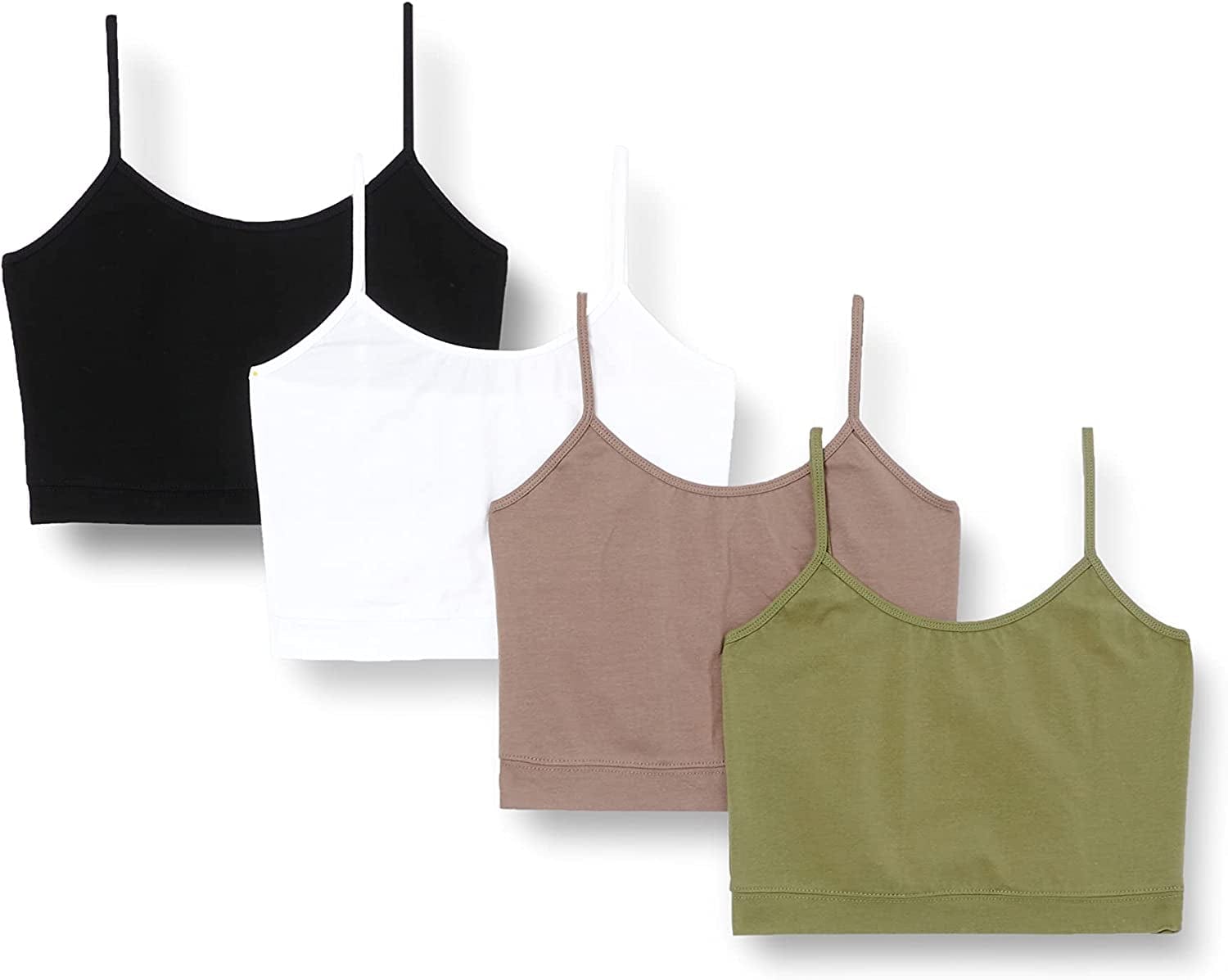 4 Pack Cropped Tank Tops for Women, Spaghetti Strap Crop Top Basic Sports Crop Cami Half Camisoles for Teen Girls Black, Coffee, Green, White / Large
