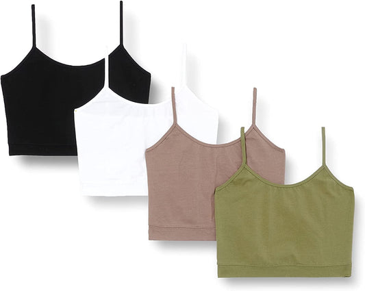 4 Pack Cropped Tank Tops for Women, Spaghetti Strap Crop Top Basic Sports Crop Cami Half Camisoles for Teen Girls Black, Coffee, Green, White / Large