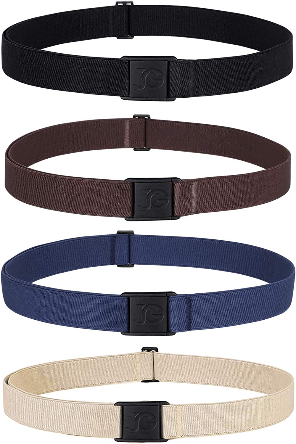 4 Pack Invisible Women Stretch Belt No Show Elastic Web Strap Belt with Flat Buckle for Jeans Pants Dresses Apparel & Accessories > Clothing Accessories > Belts KYLIE MAX I-black+coffee+blue-beige US Size 0-16 