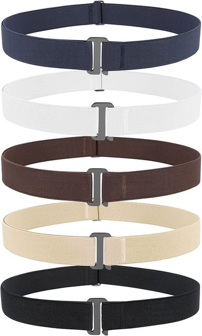4 Pack Invisible Women Stretch Belt No Show Elastic Web Strap Belt with Flat Buckle for Jeans Pants Dresses Apparel & Accessories > Clothing Accessories > Belts KYLIE MAX M-black+coffee+blue+white+beige US Size 0-16 
