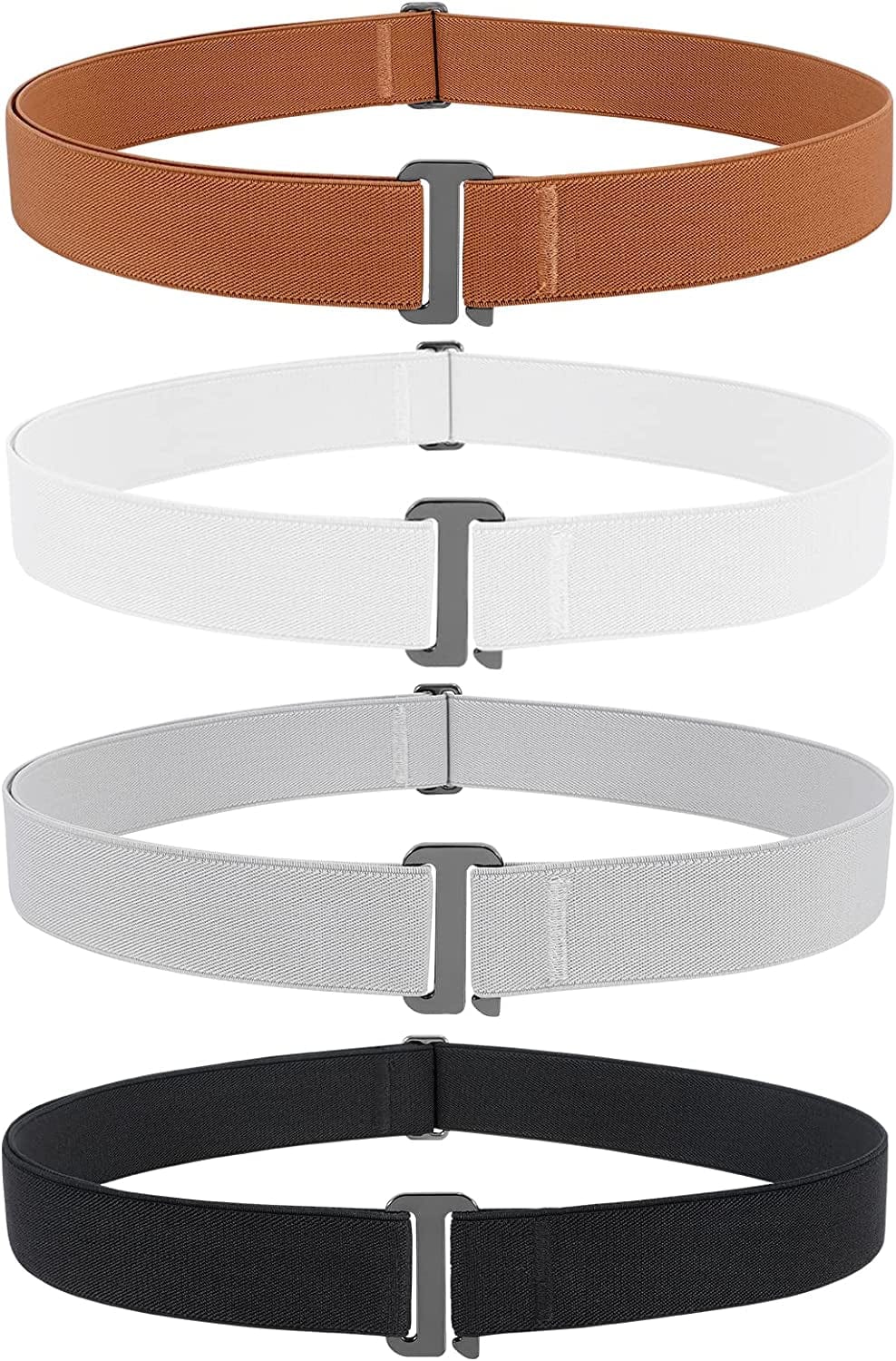 4 Pack Invisible Women Stretch Belt No Show Elastic Web Strap Belt with Flat Buckle for Jeans Pants Dresses Apparel & Accessories > Clothing Accessories > Belts KYLIE MAX L-black+brown+grey+white US Size 0-16 