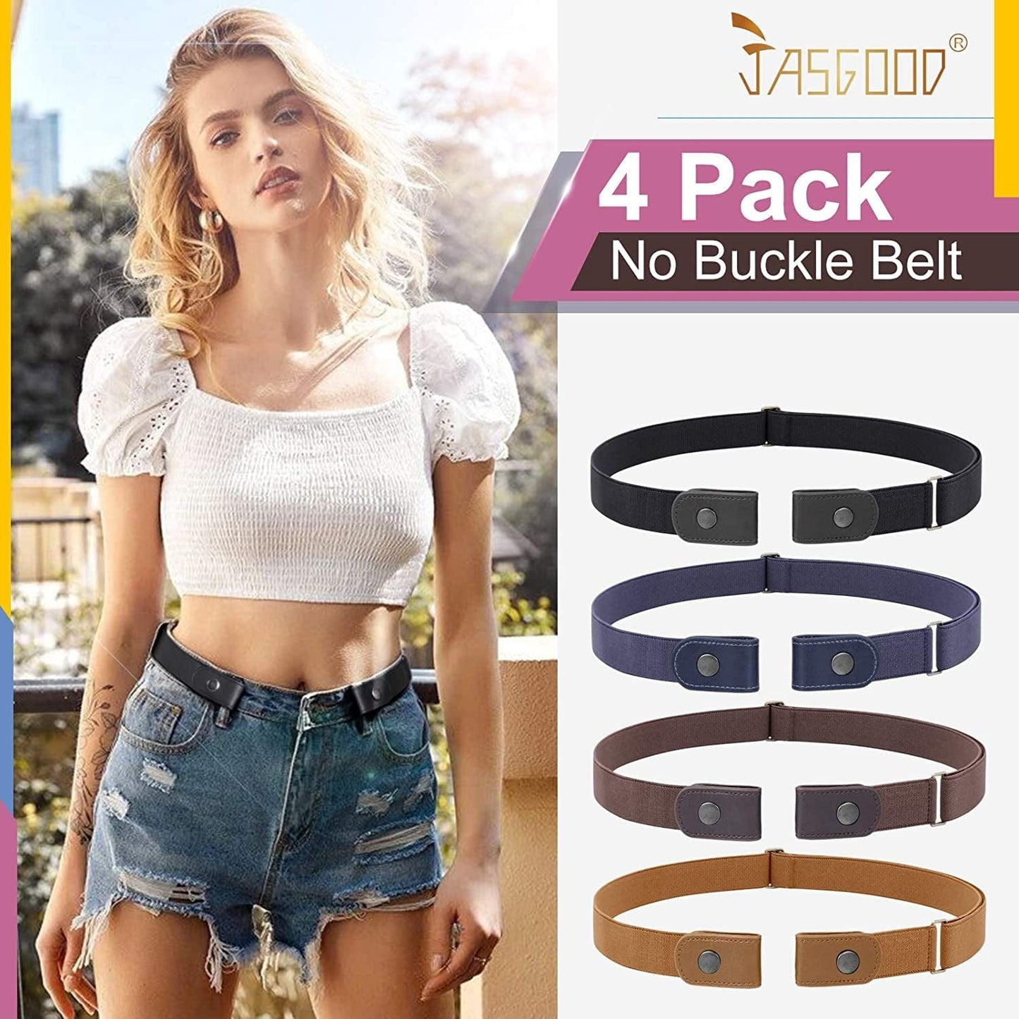 4 Pack No Buckle Belt, JASGOOD Buckle Free Stretch Belt for Women and Men Jeans Pants Apparel & Accessories > Clothing Accessories > Belts KYLIE MAX   