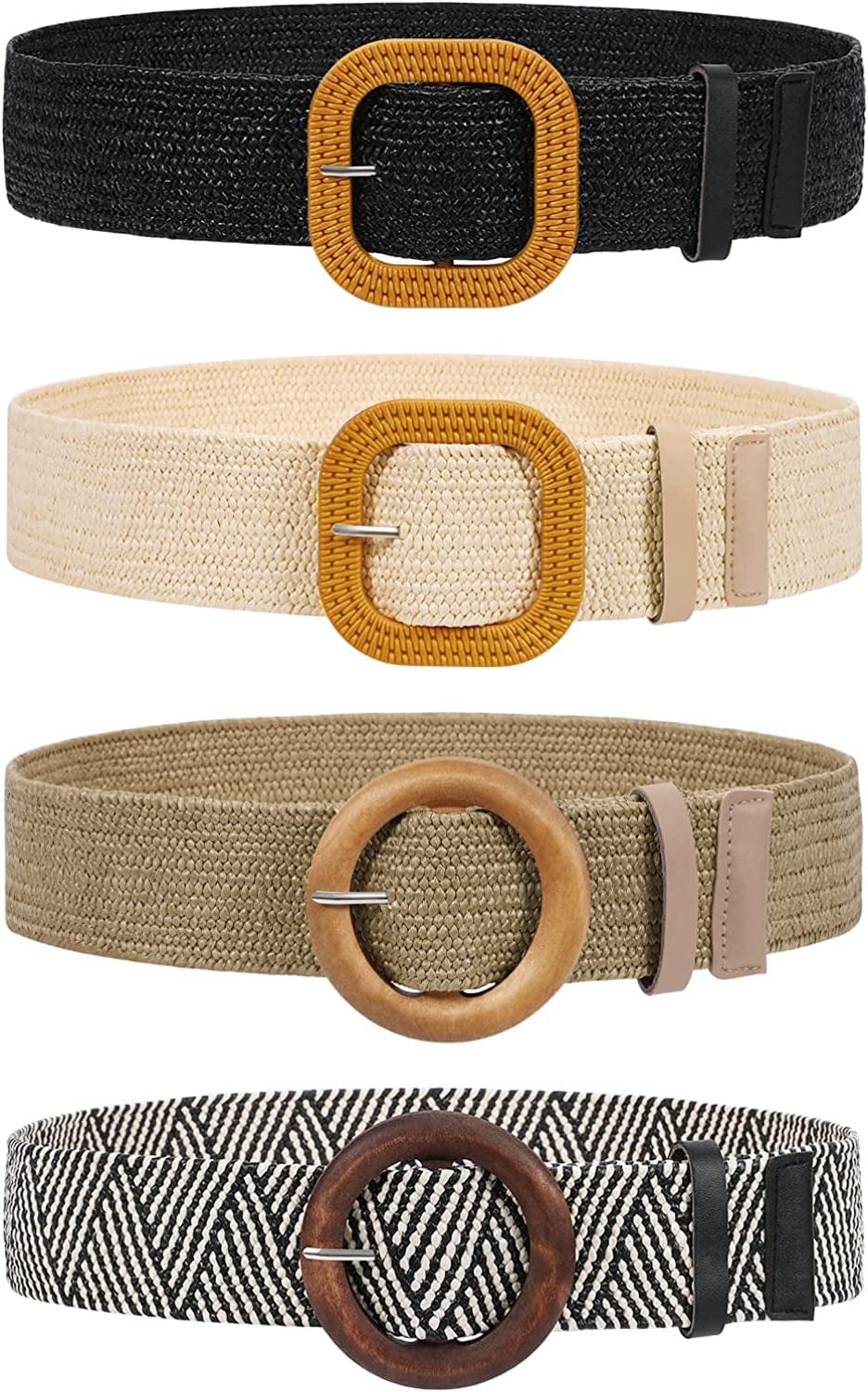 4 Pack Straw Woven Elastic Stretch Waist Belt Fashion Boho Dress Braided Belts for Women Apparel & Accessories > Clothing Accessories > Belts VONMELLI B-black+beige+stripe+khaki Fit Waist Below 35" 