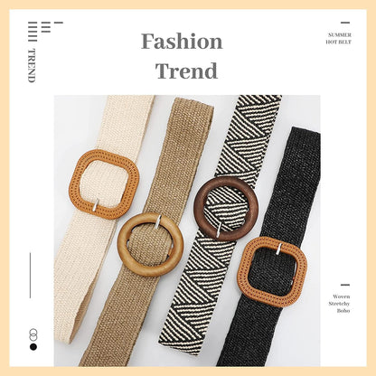 4 Pack Straw Woven Elastic Stretch Waist Belt Fashion Boho Dress Braided Belts for Women Apparel & Accessories > Clothing Accessories > Belts VONMELLI   