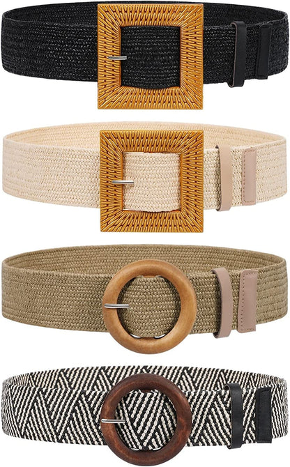 4 Pack Straw Woven Elastic Stretch Waist Belt Fashion Boho Dress Braided Belts for Women Apparel & Accessories > Clothing Accessories > Belts VONMELLI A-black+beige+stripe+khaki Fit Waist Below 40" 