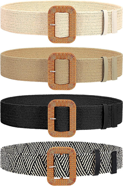 4 Pack Straw Woven Elastic Stretch Waist Belt Fashion Boho Dress Braided Belts for Women Apparel & Accessories > Clothing Accessories > Belts VONMELLI D-black+beige+stripe+khaki Fit Waist Below 29" 