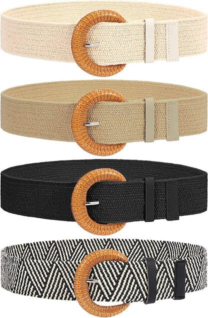 4 Pack Straw Woven Elastic Stretch Waist Belt Fashion Boho Dress Braided Belts for Women Apparel & Accessories > Clothing Accessories > Belts VONMELLI C-black+beige+stripe+khaki Fit Waist Below 35" 