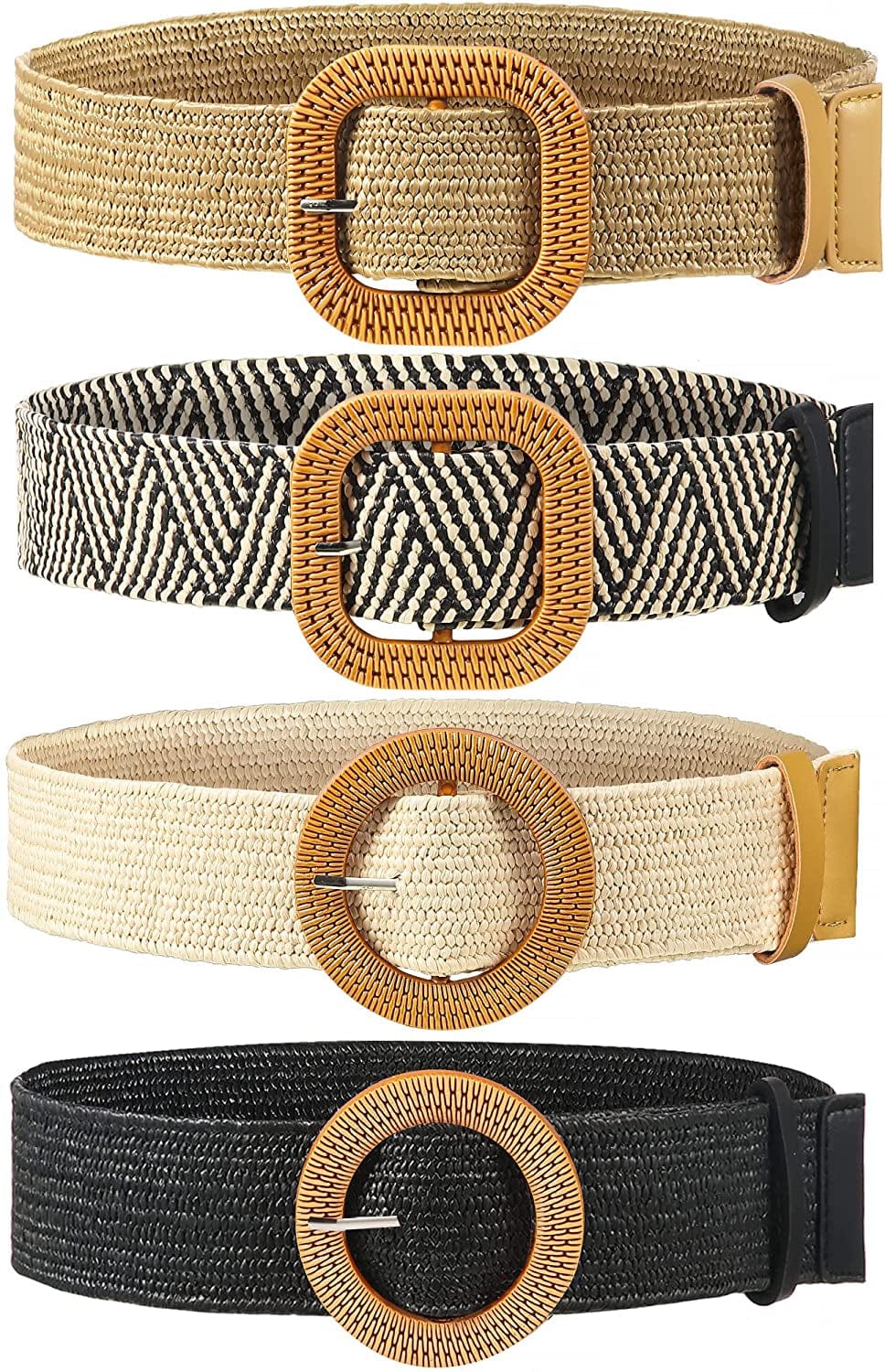 4 Pack Straw Woven Elastic Stretch Waist Belt Women Skinny Dress Belt Wooden Buckle Waist Dress Band Apparel & Accessories > Clothing Accessories > Belts WILLBOND Retro Color Medium 