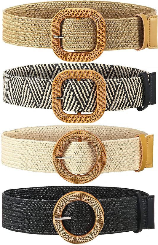 4 Pack Straw Woven Elastic Stretch Waist Belt Women Skinny Dress Belt Wooden Buckle Waist Dress Band Apparel & Accessories > Clothing Accessories > Belts WILLBOND Retro Color Medium 