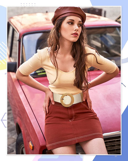 4 Pack Straw Woven Elastic Stretch Waist Belt Women Skinny Dress Belt Wooden Buckle Waist Dress Band Apparel & Accessories > Clothing Accessories > Belts WILLBOND   