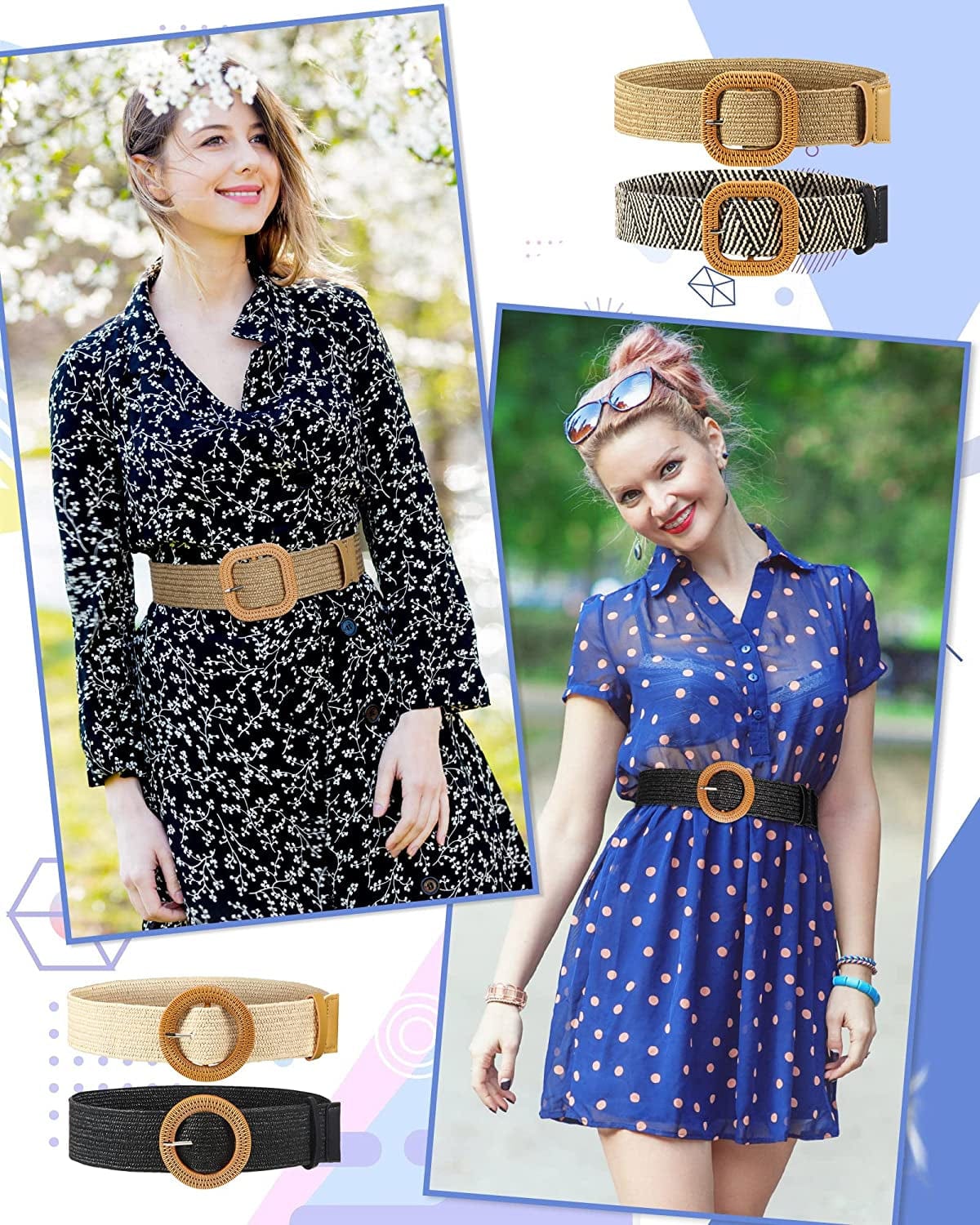 4 Pack Straw Woven Elastic Stretch Waist Belt Women Skinny Dress Belt Wooden Buckle Waist Dress Band Apparel & Accessories > Clothing Accessories > Belts WILLBOND   