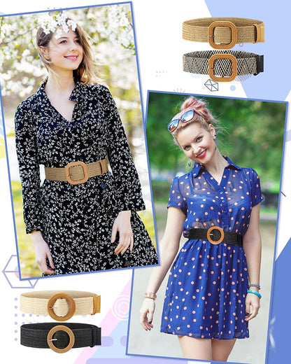 4 Pack Straw Woven Elastic Stretch Waist Belt Women Skinny Dress Belt Wooden Buckle Waist Dress Band Apparel & Accessories > Clothing Accessories > Belts WILLBOND   