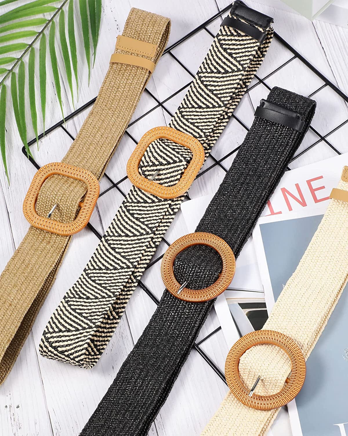 4 Pack Straw Woven Elastic Stretch Waist Belt Women Skinny Dress Belt Wooden Buckle Waist Dress Band Apparel & Accessories > Clothing Accessories > Belts WILLBOND   