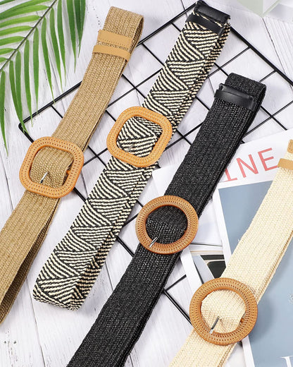 4 Pack Straw Woven Elastic Stretch Waist Belt Women Skinny Dress Belt Wooden Buckle Waist Dress Band Apparel & Accessories > Clothing Accessories > Belts WILLBOND   