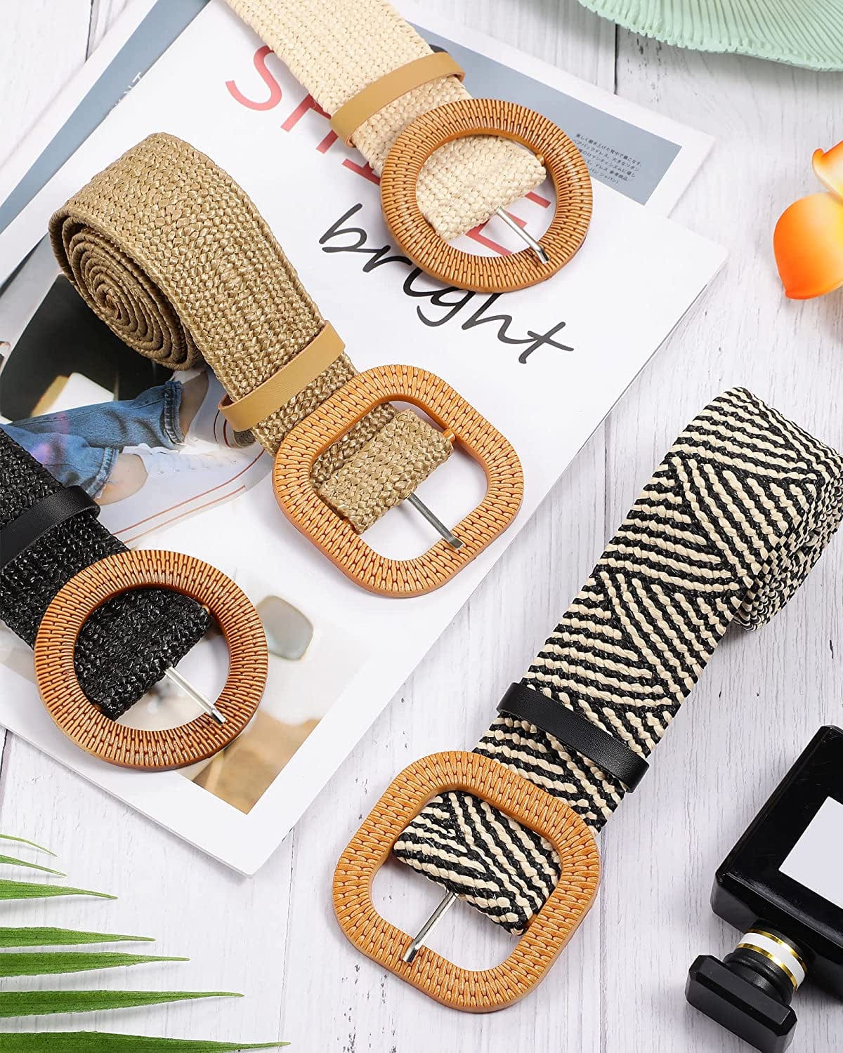 4 Pack Straw Woven Elastic Stretch Waist Belt Women Skinny Dress Belt Wooden Buckle Waist Dress Band Apparel & Accessories > Clothing Accessories > Belts WILLBOND   