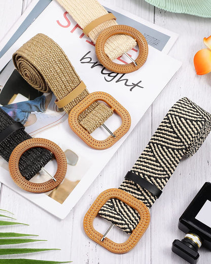 4 Pack Straw Woven Elastic Stretch Waist Belt Women Skinny Dress Belt Wooden Buckle Waist Dress Band Apparel & Accessories > Clothing Accessories > Belts WILLBOND   