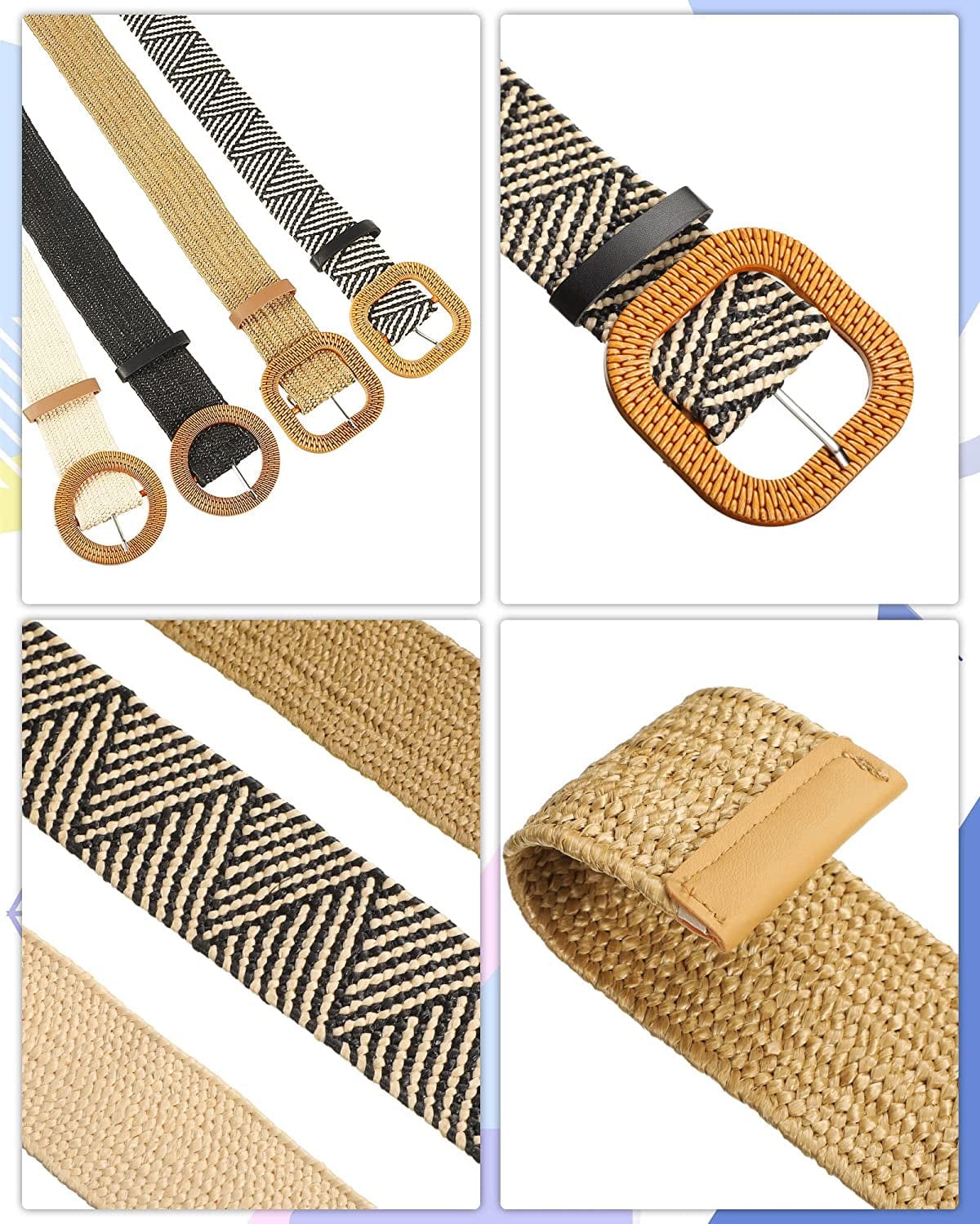 4 Pack Straw Woven Elastic Stretch Waist Belt Women Skinny Dress Belt Wooden Buckle Waist Dress Band Apparel & Accessories > Clothing Accessories > Belts WILLBOND   