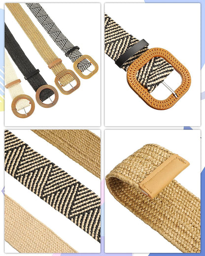 4 Pack Straw Woven Elastic Stretch Waist Belt Women Skinny Dress Belt Wooden Buckle Waist Dress Band Apparel & Accessories > Clothing Accessories > Belts WILLBOND   