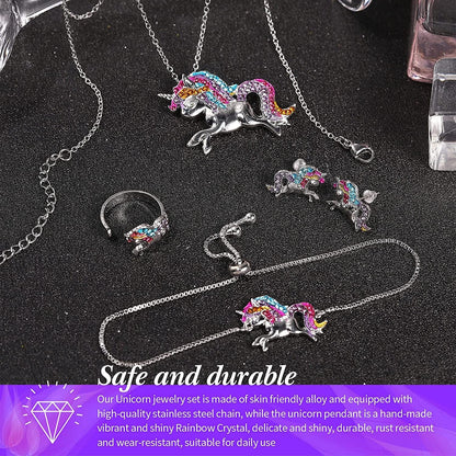 4 Pack Unicorn Jewelry Set Kids Jewelry for Girls Rainbow Unicorn Necklace Bracelet Earrings and Ring for Women Teen Girls Jewelry Unicorn Gifts Set