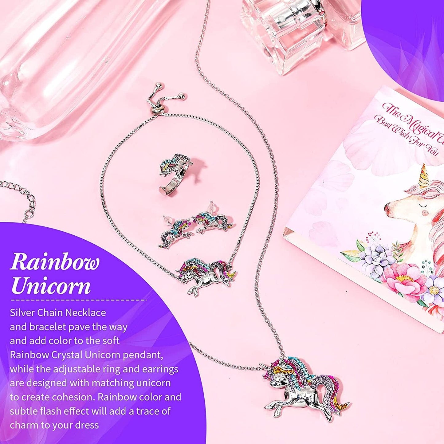4 Pack Unicorn Jewelry Set Kids Jewelry for Girls Rainbow Unicorn Necklace Bracelet Earrings and Ring for Women Teen Girls Jewelry Unicorn Gifts Set