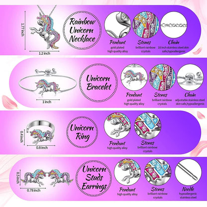 4 Pack Unicorn Jewelry Set Kids Jewelry for Girls Rainbow Unicorn Necklace Bracelet Earrings and Ring for Women Teen Girls Jewelry Unicorn Gifts Set