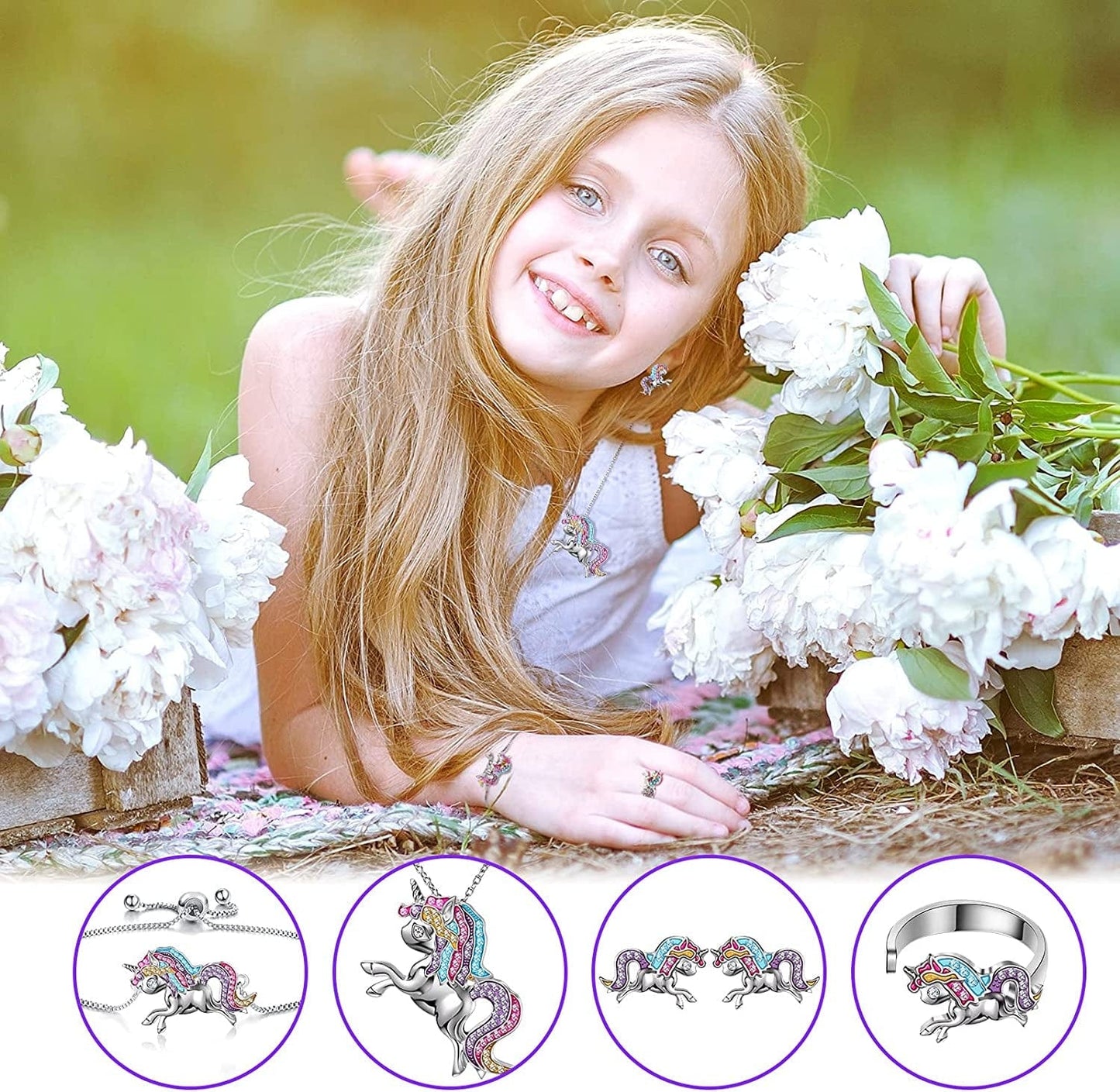 4 Pack Unicorn Jewelry Set Kids Jewelry for Girls Rainbow Unicorn Necklace Bracelet Earrings and Ring for Women Teen Girls Jewelry Unicorn Gifts Set