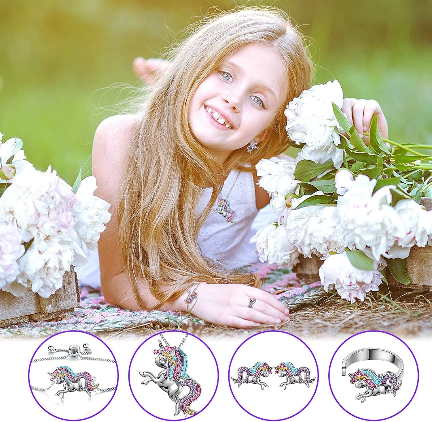 4 Pack Unicorn Jewelry Set Kids Jewelry for Girls Rainbow Unicorn Necklace Bracelet Earrings and Ring for Women Teen Girls Jewelry Unicorn Gifts Set