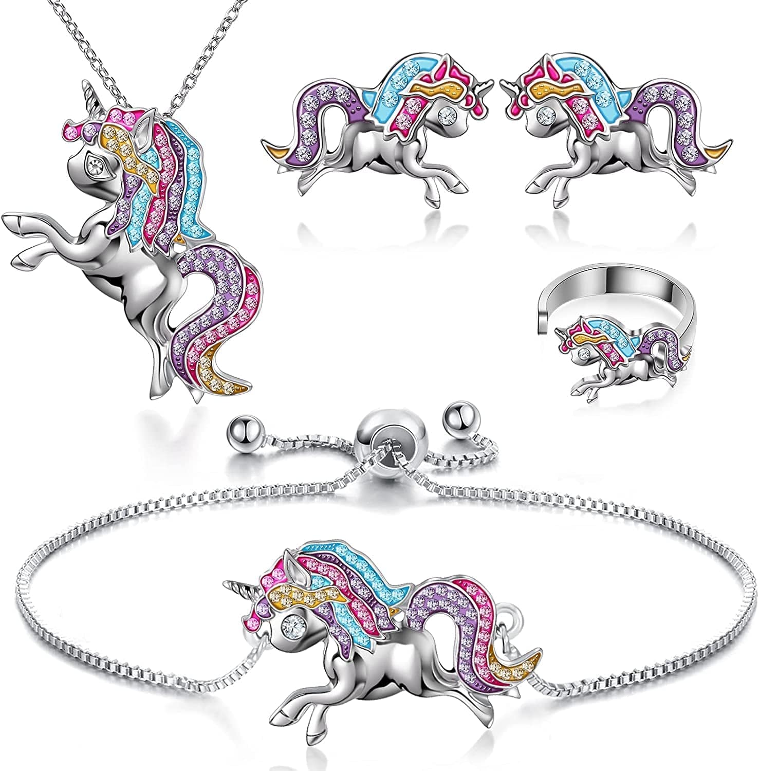 4 Pack Unicorn Jewelry Set Kids Jewelry for Girls Rainbow Unicorn Necklace Bracelet Earrings and Ring for Women Teen Girls Jewelry Unicorn Gifts Set