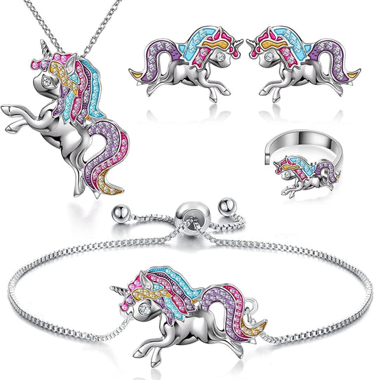 4 Pack Unicorn Jewelry Set Kids Jewelry for Girls Rainbow Unicorn Necklace Bracelet Earrings and Ring for Women Teen Girls Jewelry Unicorn Gifts Set