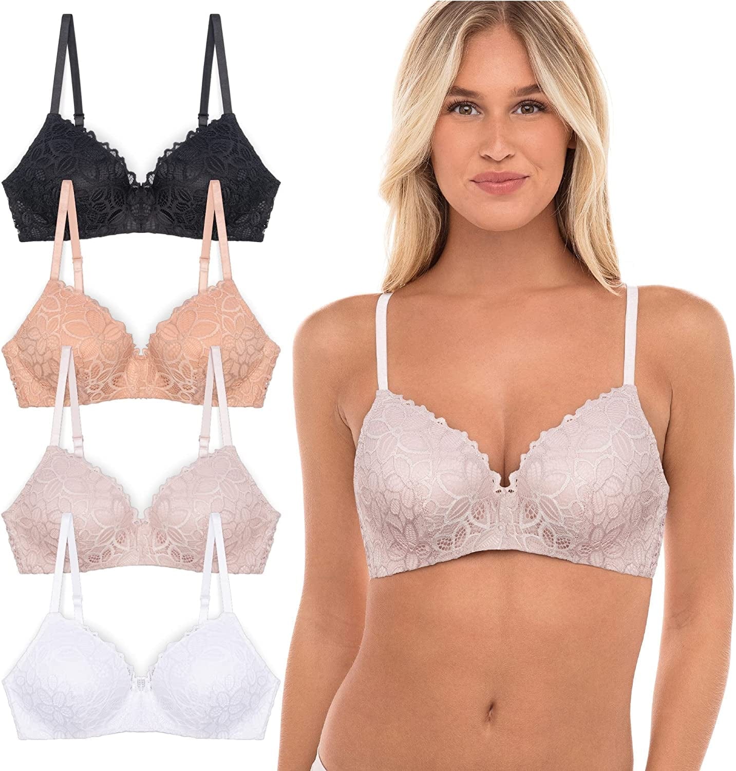 4 Pack Wirefree Bra - Women'S Flexible Soft Foam Wireless No Wire Soft Pad T Shirt Bra Value Pack Lace / (36) 36C