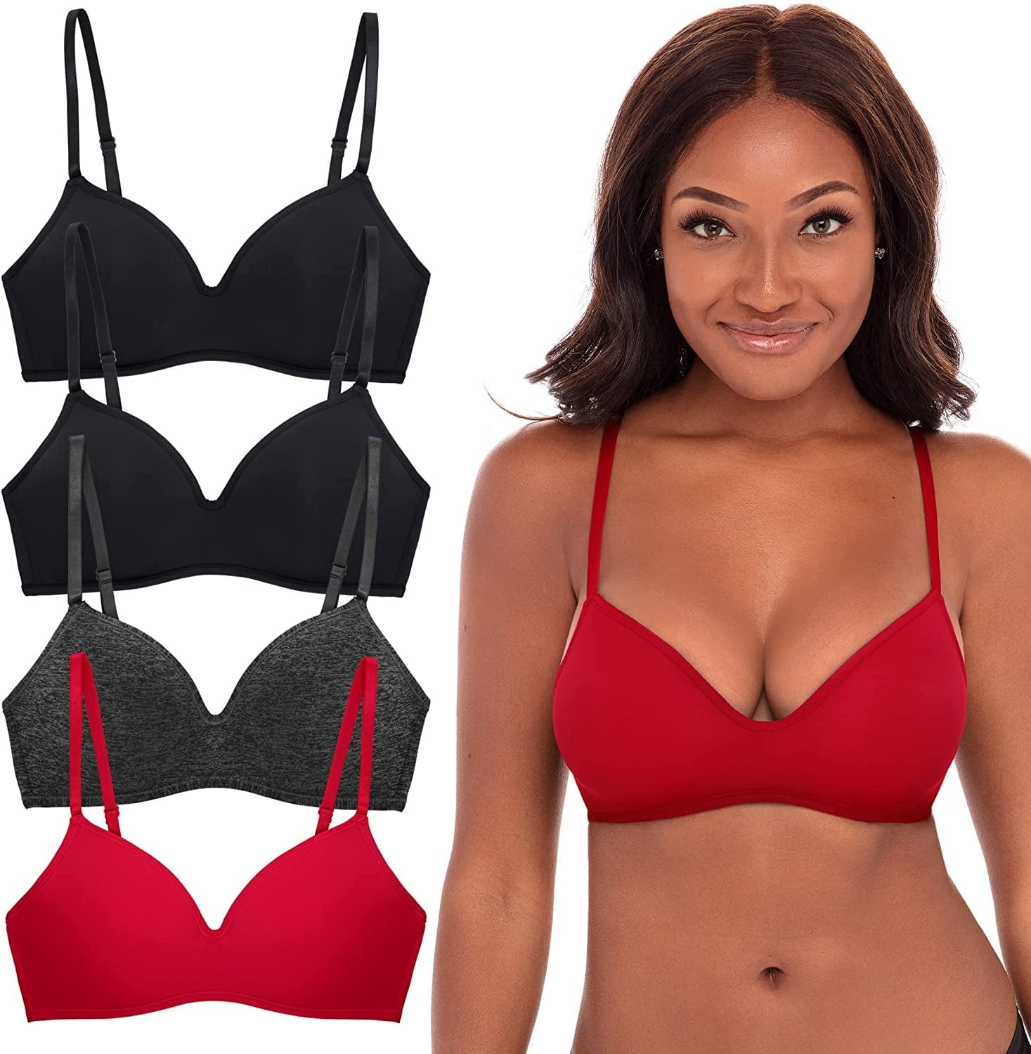 4 Pack Wirefree Bra - Women'S Flexible Soft Foam Wireless No Wire Soft Pad T Shirt Bra Value Pack Red / (34) 34B