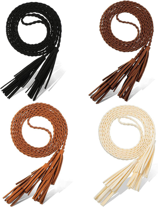 4 Pack Women Braided Belt Skinny Tassel Waist Belt Wrap Belt Woven Waist Rope Belt PU Leather Rope Belt Double Tassels Chain Belt Exotic Knitted Waist Belt for Skirt Dress Apparel & Accessories > Clothing Accessories > Belts Geyoga   
