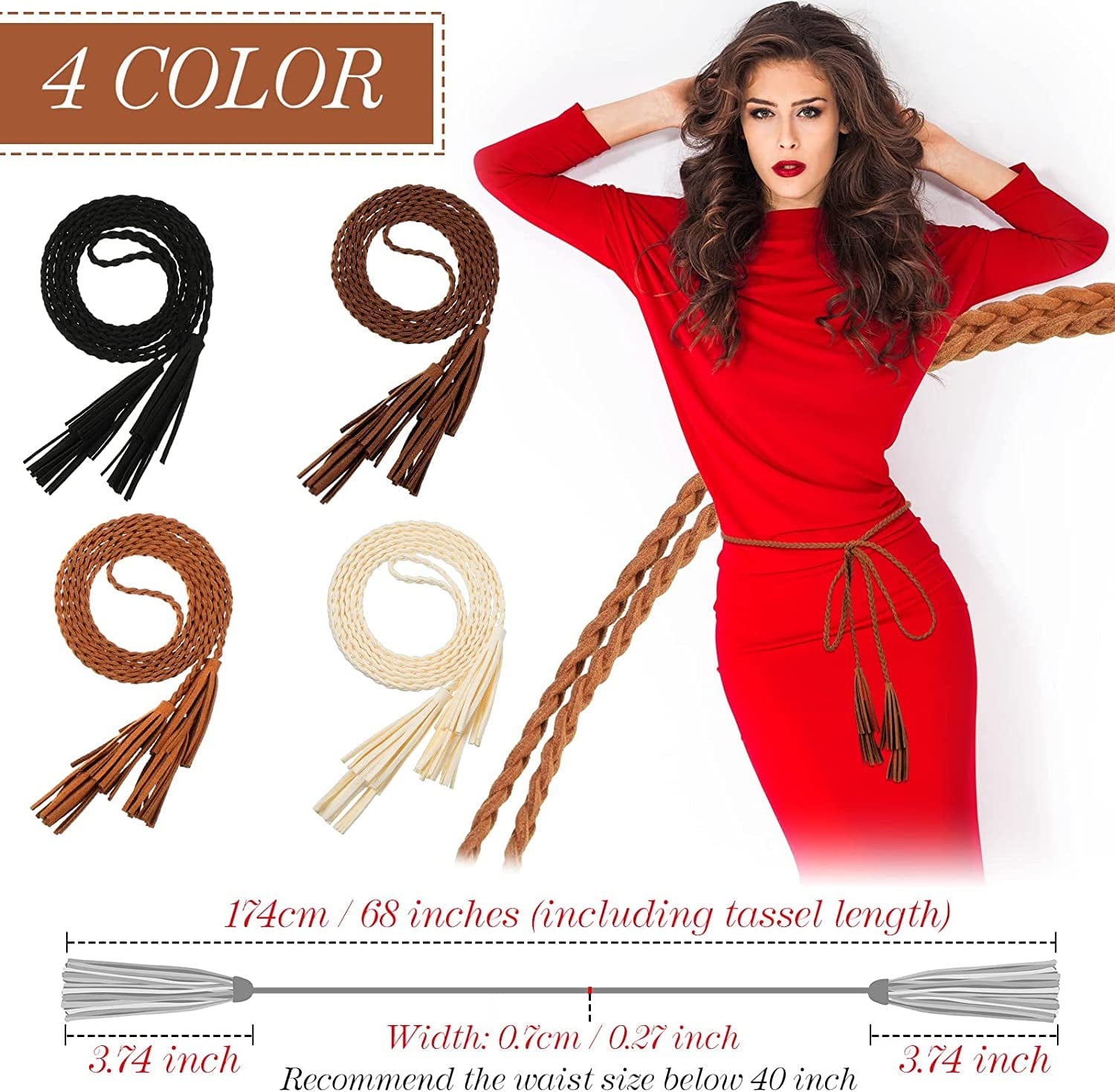 4 Pack Women Braided Belt Skinny Tassel Waist Belt Wrap Belt Woven Waist Rope Belt PU Leather Rope Belt Double Tassels Chain Belt Exotic Knitted Waist Belt for Skirt Dress Apparel & Accessories > Clothing Accessories > Belts Geyoga   