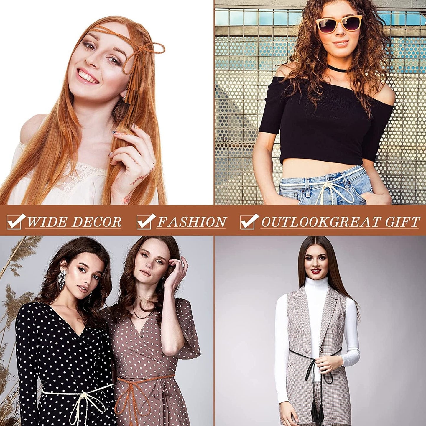 4 Pack Women Braided Belt Skinny Tassel Waist Belt Wrap Belt Woven Waist Rope Belt PU Leather Rope Belt Double Tassels Chain Belt Exotic Knitted Waist Belt for Skirt Dress Apparel & Accessories > Clothing Accessories > Belts Geyoga   
