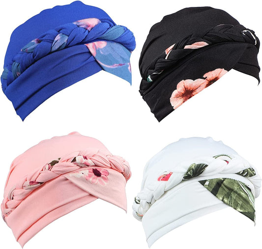 4 Pack Womens Turban Cap Head Wraps Covers Pre Tied Twisted Braid Cancer Beanies Headwear Wrap Scarf for Sleeping Apparel & Accessories > Clothing Accessories > Headwear Hercicy   