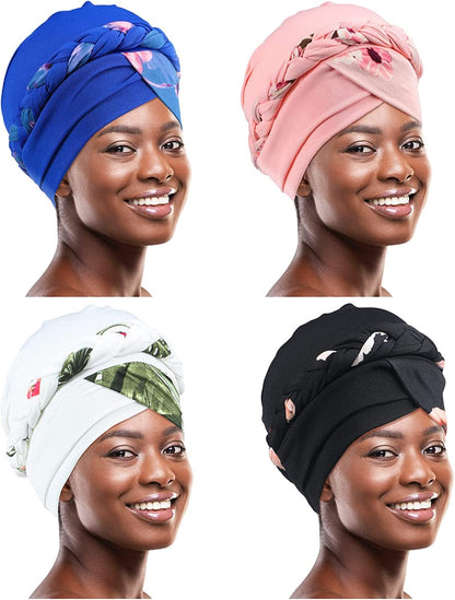 4 Pack Womens Turban Cap Head Wraps Covers Pre Tied Twisted Braid Cancer Beanies Headwear Wrap Scarf for Sleeping Apparel & Accessories > Clothing Accessories > Headwear Hercicy   