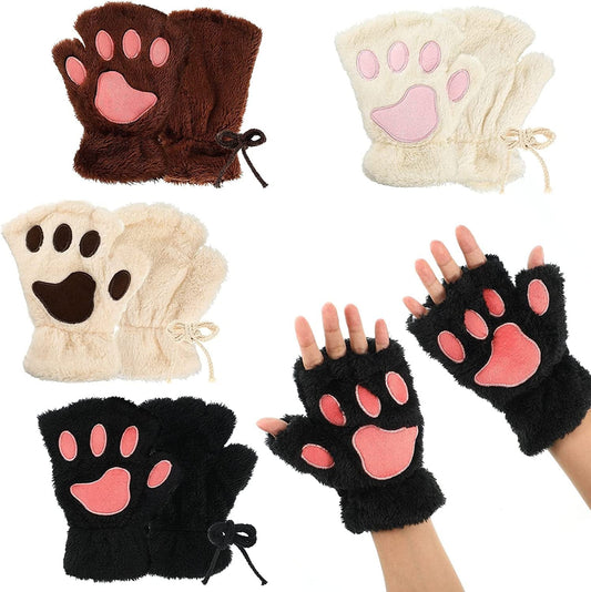 4 Pairs Cat Mittens Gloves Fingerless Cat Paw Mittens Faux Fur Cosplay Bear Kitten Paws Gloves Fluffy Cat Claws Fingerless Mittens for Women Apparel & Accessories > Clothing Accessories > Gloves & Mittens Geyoga   