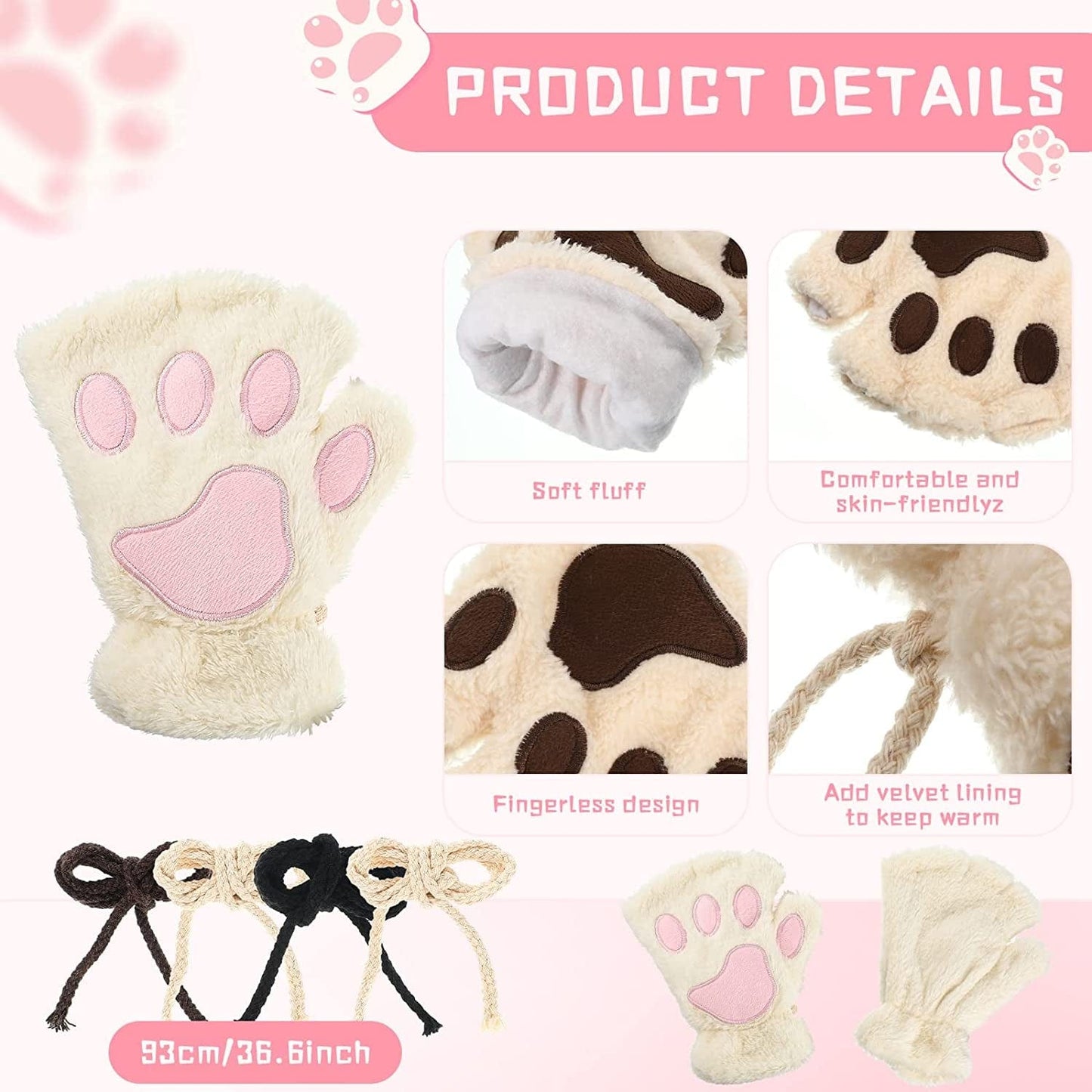 4 Pairs Cat Mittens Gloves Fingerless Cat Paw Mittens Faux Fur Cosplay Bear Kitten Paws Gloves Fluffy Cat Claws Fingerless Mittens for Women Apparel & Accessories > Clothing Accessories > Gloves & Mittens Geyoga   